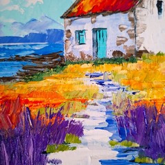 Oil landscape „Irish Cottage“ Oil Painting: Colorful Flower Field Original 6×6