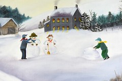18″ Oil Painting Canvas Lea Mikel Winter Time Landscape Snowman Rustic Decor #46