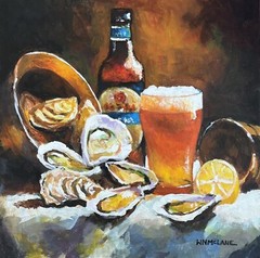 Original New Still Life Impressionist Realist Oysters Beer Lemon Canvas Board