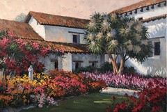Mikki Senkarik orig Oil Painting San Juan Bautista Mission Garden California Art