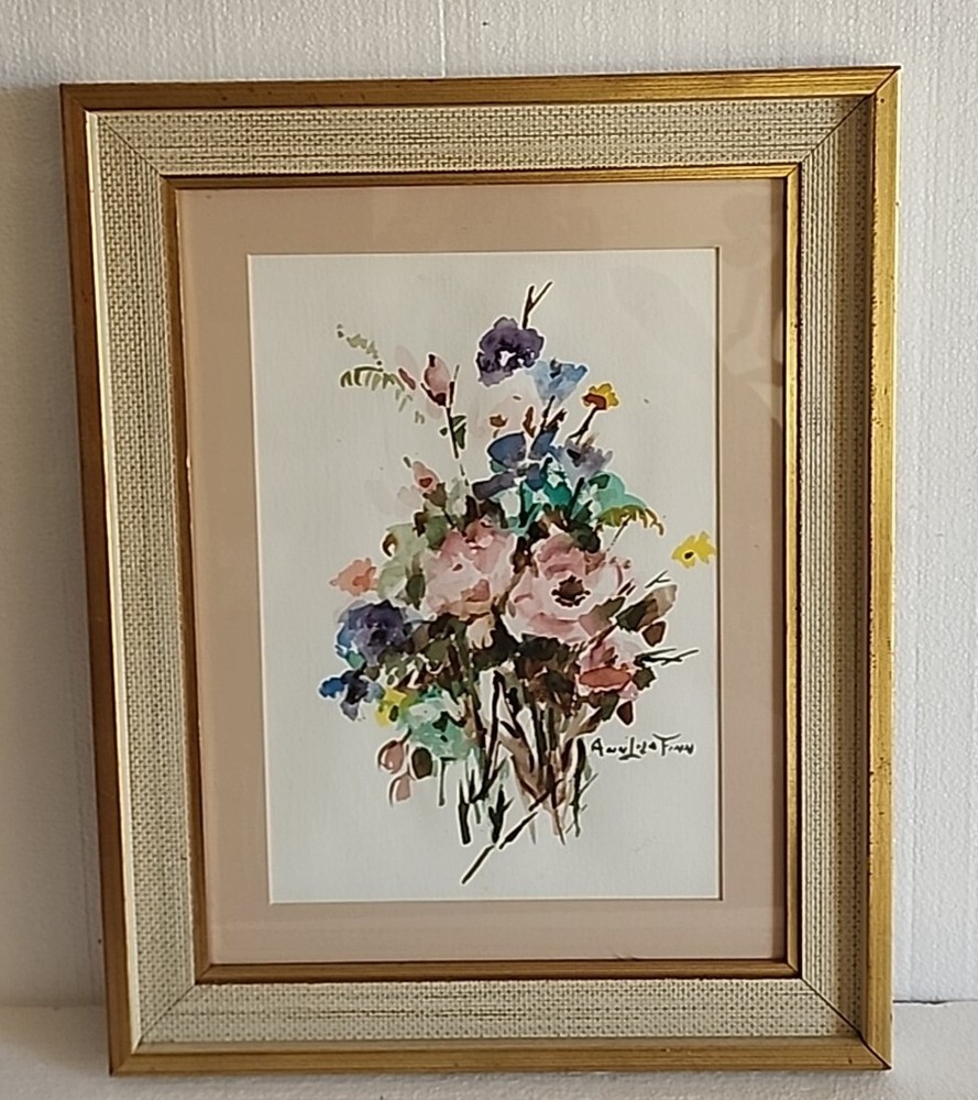 VTG Watercolor Painting Art Wild flowers 15×19″ Wood Frame Matted Signed Picture