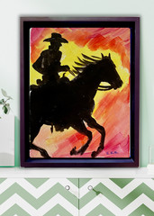 Original Acrylic Cowboy Riding Galloping Horse Silhouette 9×12″ Signed CanvasArt