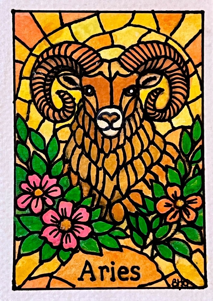 ACEO Original Art, Tiny Art, ATC – Watercolor – Zodiac – Aries