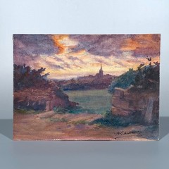 Antique Vintage French Watercolor Landscape Perros Guirec Brittany Church Signed
