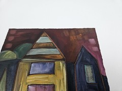 Vtd Oil On Heavy Paper Abstract Painting Artist Signed And Dated Houses On Hill