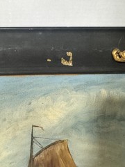 Antique Signed Painting Row of Windmills Sailboat Boat Canal Port Coast Framed