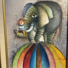 J. Roybal Signed „Elephant on Balloon with Child“ Canvas, Frame 8”x10” S30