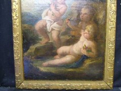 ATTR FRANCOIS BOUCHER „ANGEL PUTTI“ ANTIQ OIL ON CANVAS INVENT STAMPED ON BACK.