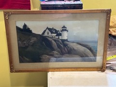 c.1910 Pemaquid Point Maine Lighthouse painting gouache 17” x 26”