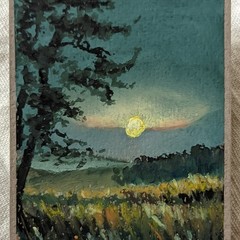 Original ACEO Night Nature Landscape Moonlight Field Impressionist Mini Painting
