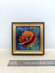 Poppy Original Oil Painting 6×4 Framed Signed Red Flower Blue Abstract Wall Art
