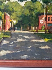 ANTIQUE WPA REGIONALISM PAINTING LANDSCAPE OLD CARS 1940’S LISTED NEW YORK OIL