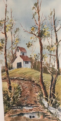 BETTY KAY ORIGINAL WATERCOLOR WHITE BARN ON THE HILL LANDSCAPE PAINTING