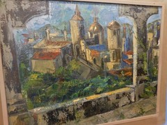 1950’s LRG Mid century Modern Abstract Cityscape Oil Painting Signed 35 x 29 in