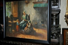Antique Dutch Master Interior Family scene . signed O/C
