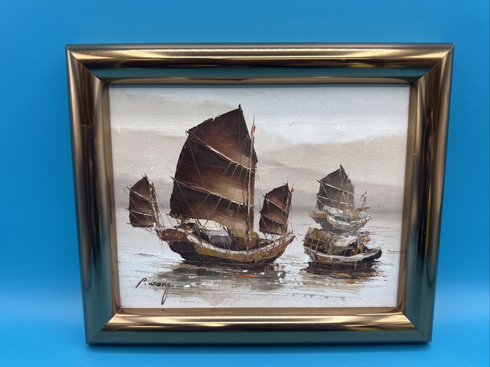 Peter Wong Oil Canvas Painting Chinese Junk Boats Signed Framed COA Authentic #2
