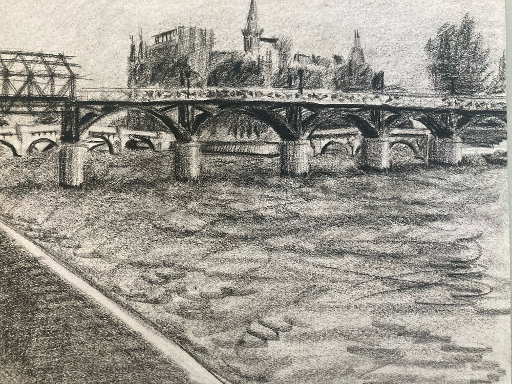 1970 Charcoal Drawing on Paper Paris Seine Quay Notre-Dame Pont Neuf Urban Art