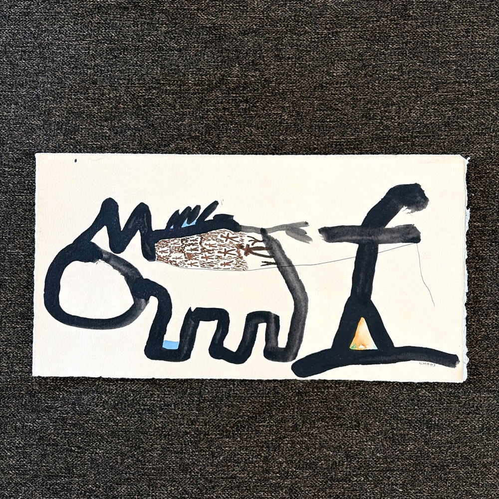 Original 80s Outsider Art Walking the Dog Painting Stuart Buehler 6×11.5″