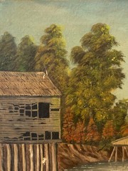 🔥 Antique Old American Southern Folk Art River Landscape Oil Painting, 1860s
