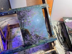 Original Night Landscape Oil Painting, Impasto Moon Painting, Purple Blossom Art