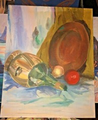 Vintage Oil Painting Wine Copper Platter Still Life Rockport Massachusetts