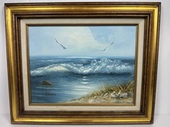 ORIGINAL OIL PAINTING Seaside Seascape Dunes Seagulls Ocean Signed Brown Framed