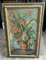 Vintage Signed Floral Still Life Painting Framed Flower Vase 17×27 c. 1961