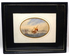 Antique Watercolor Painting of Sailing Ship in Rough Seas by P. J. M. Fleming