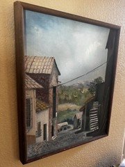 Oil Painting MCM Signed Village Street Scene Buck Saunders Gallery Scottsdale AZ