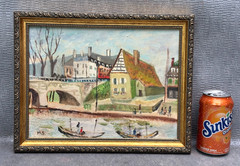 VINTAGE OIL PAINTING SIGNED MS M.S. FAUVIST NAIVE TOWN VILLAGE RIVER CANAL BOATS