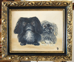 VTG 60S FRAMED ORIGINAL OIL PAINTING OF BLACK AND GRAY PEKINGESE DOGS ARTIST: ME