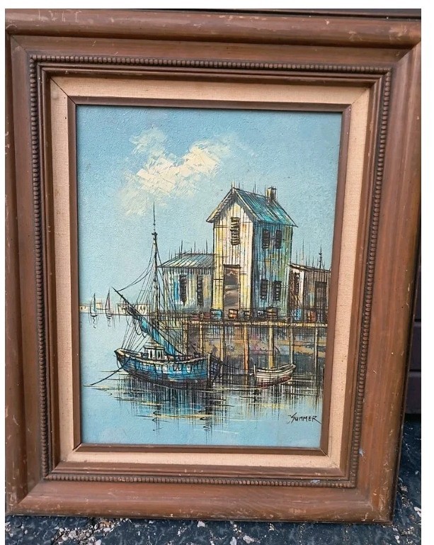 Vintage Original Oil on Board Painting Impressionist Seascape Boat Harbor Summer