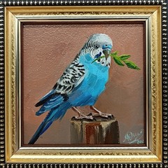 Blue Parakeet Original Oil Painting 4×4 Framed Signed Cute Budgie Parrot Art