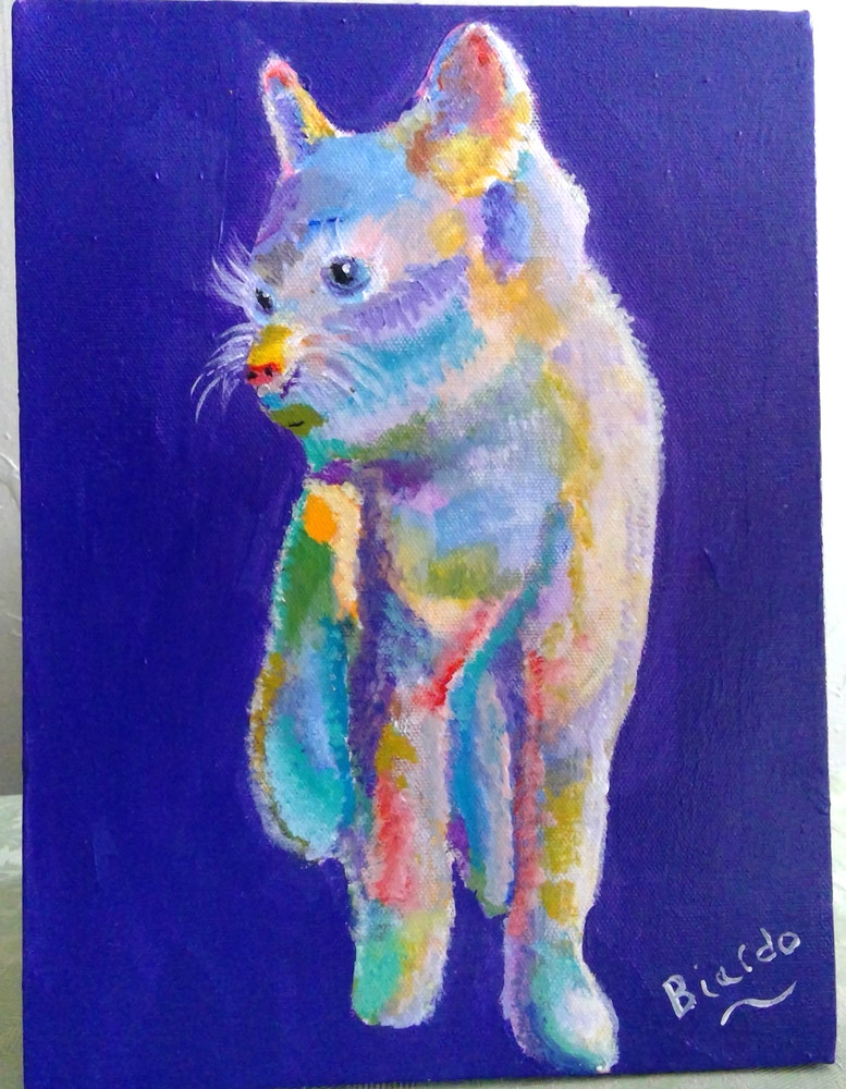 Abstract Kitten Artwork Original Painting 9×12 Colorful Stretched Canvas