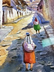 Peru Cusco Street Scene Original Watercolor Painting Hand Painted Framed Matted
