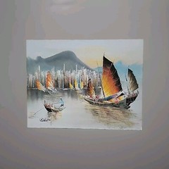 Vintage Oil Painting Of Hong King Harbour With Junk Boats.