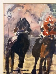 Vintage Original Horse Racing Racetrack Watercolor Painting by Tom Sutherland