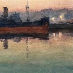 1939 Louis Feuchter Baltimore Maryland Harbor Scene with Masted Steam Ship WPA