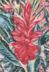 Signed Original Painting Wall Art Red Ginger Flower Tropical Floral Home Decor