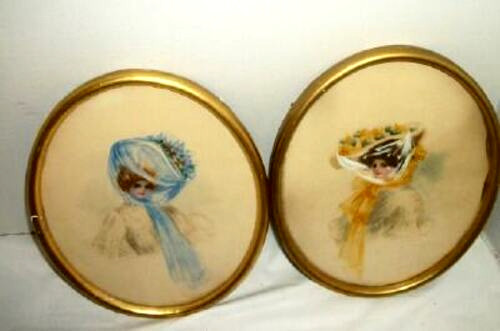 1890s Victorian Ladies Watercolor Painting Pair Big Scarf Gibson Girl Style Gilt