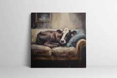 Cow Art Print, Farmhouse Decor, Cow Sitting on Couch Painting, Cow Canvas Art