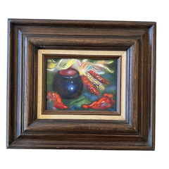 Still Life Painting Blue Pot, Chili Peppers and Colorful Corn- Vintage 15″ x 16″