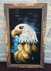 Vintage Velvet Painting Bald Eagle Hand Carved Wood Frame Signed Made in Mexico