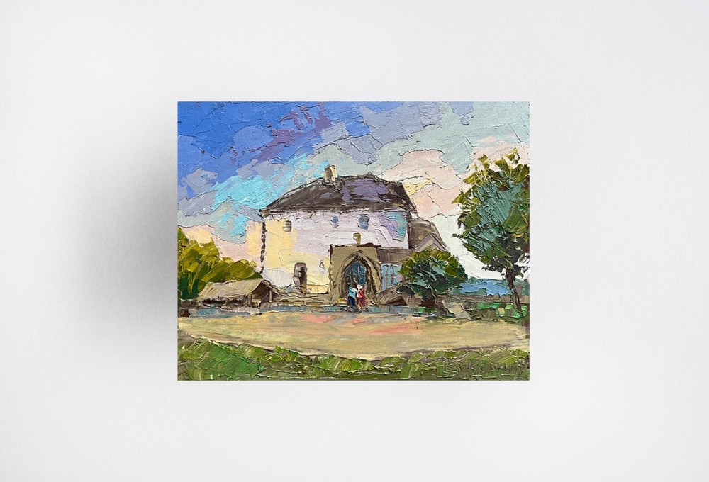Oil painting Stone tower Ostroh Castle Ukrainian painter Canvas original art
