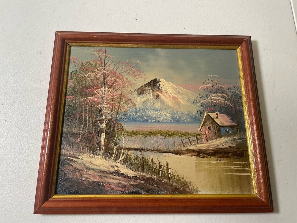 Original Acrylic Painting Forest Mountain Cottage Landscape Framed