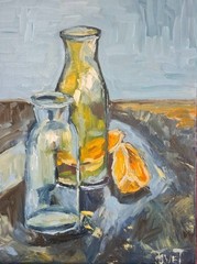 Still life bottles and orange oil painting canvas stretcher kitchen decoration