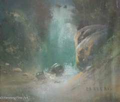 Antique Painting of Traditional Mountain Landscape with Waterfall Signed Calveri