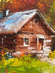 Original Oil Painting in Frame House Forest Hut Miniature 6x4in