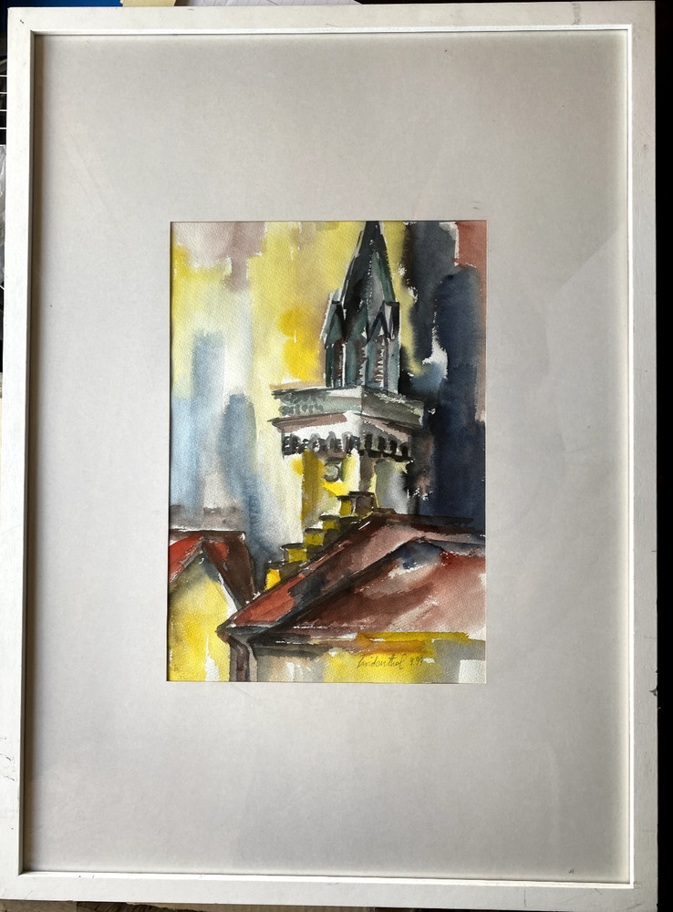 ::HANS LINDENTHAL *1938 CHURCH TOWER WATERCOLOR GALLERY SIGNED RARE GOTHIC DOM