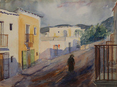 LOLO BRANDENBURG watercolor VILLAGE STREET ST. ANTONIO IN SPAIN around 1930 watercolor